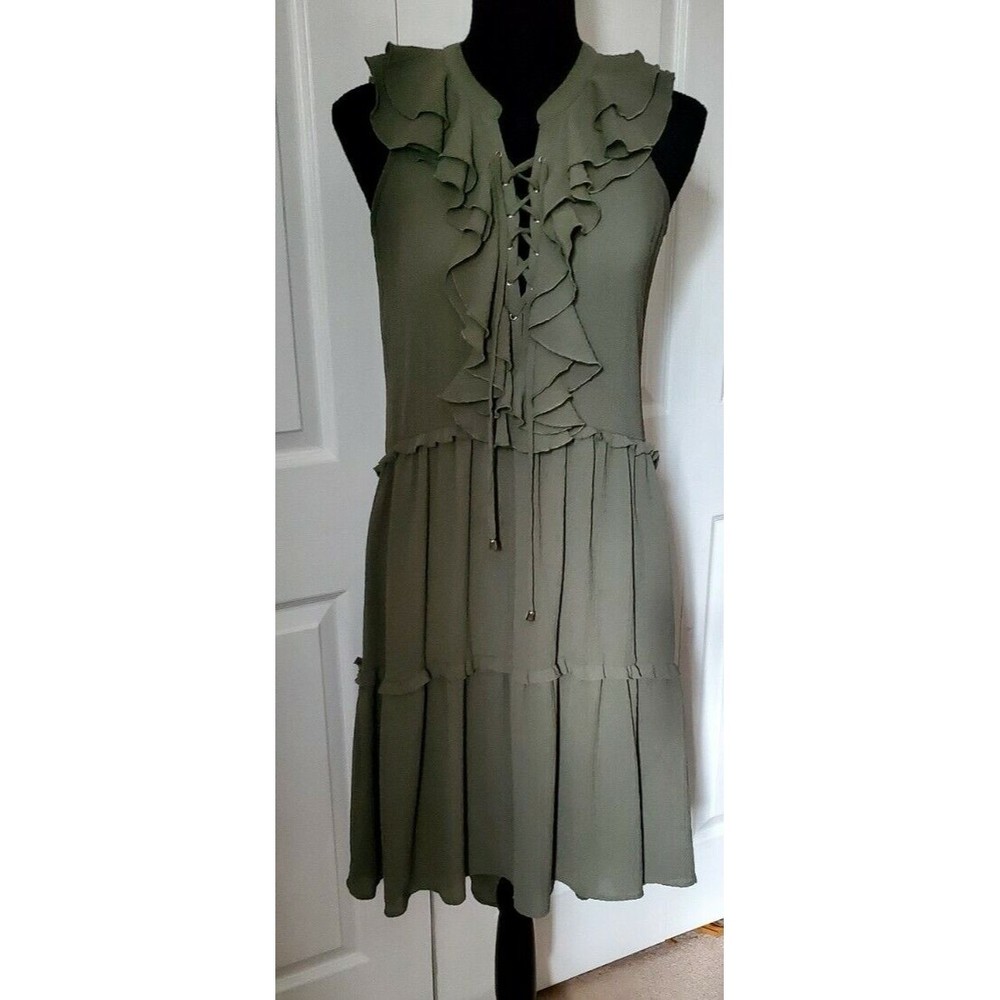 Cupio Lace Up Hi/Low Green Sleeveless  Dress Ruffled collar A-line EUC Size S